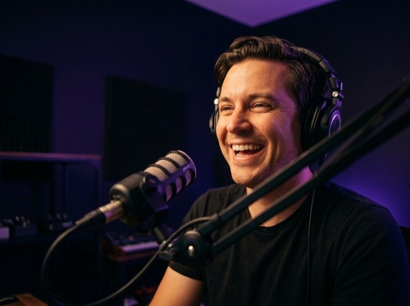 Podcaster at a broadcast mic in a dark purple-lit studio