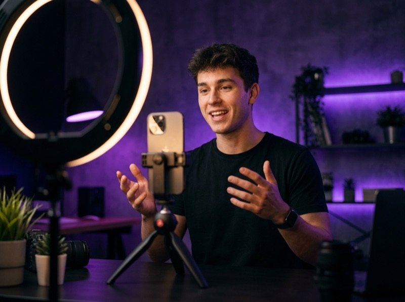 Short-form creator filming vertically on a phone with a ring light