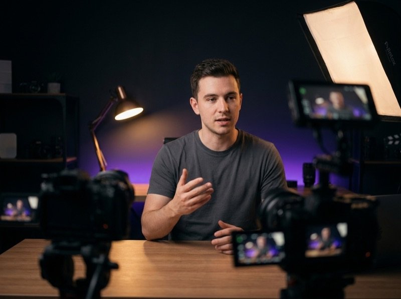 Creator recording a talking-head video at a desk setup